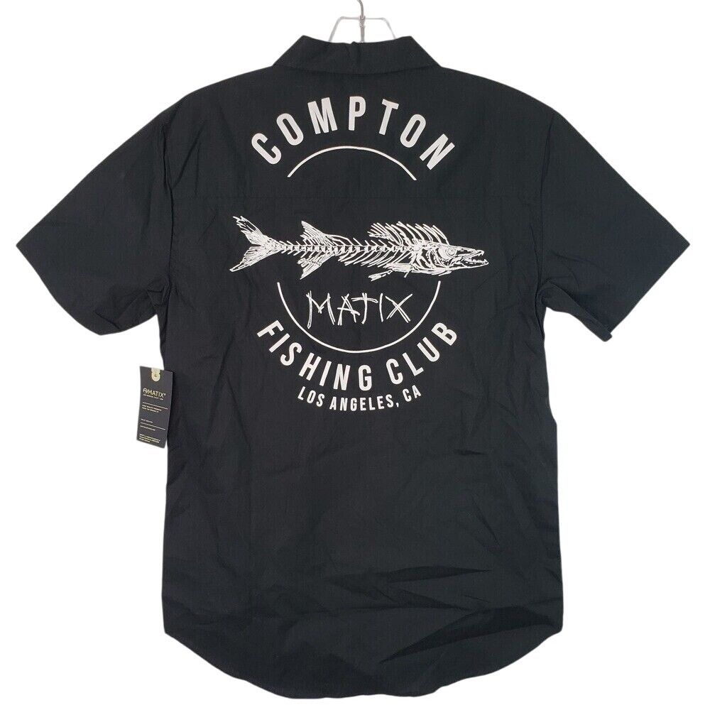 Matix Compton Fishing Club Shirt Mens Size S Black Short Sleeve Button Up Pocket